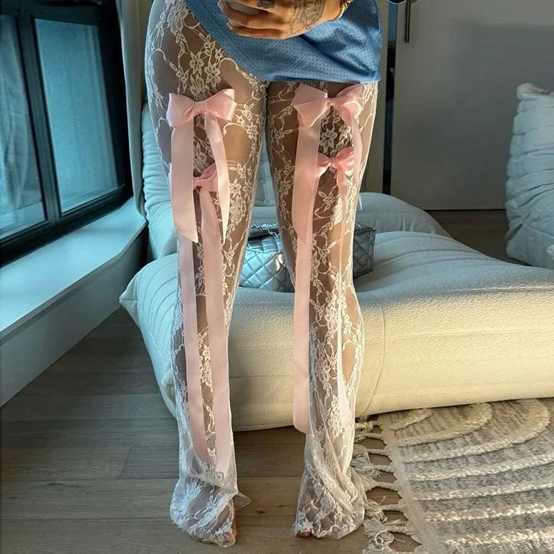 Bow Tie See Through Lace Flare ants Street Wear Bottoms Women y2k Fashion Sexy White High Waisted Pants YY24005DG 241204