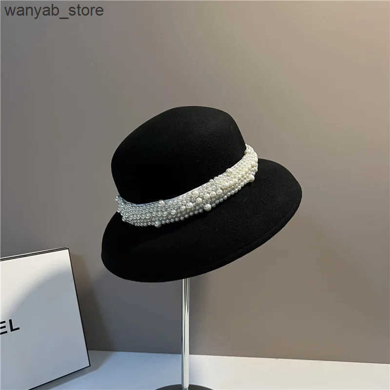 Cloches White black winter womens wool hat bowling hat with peanut belt womens church hat wedding charming hat L240910