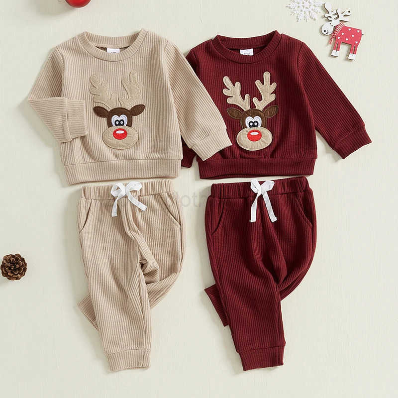 Baby Boy 2Pcs Christmas Outfits Long Sleeve Reindeer Embroidery Ribbed Sweatshirt and Pocket Drstring Pants Set Winter ClothesXJ241205