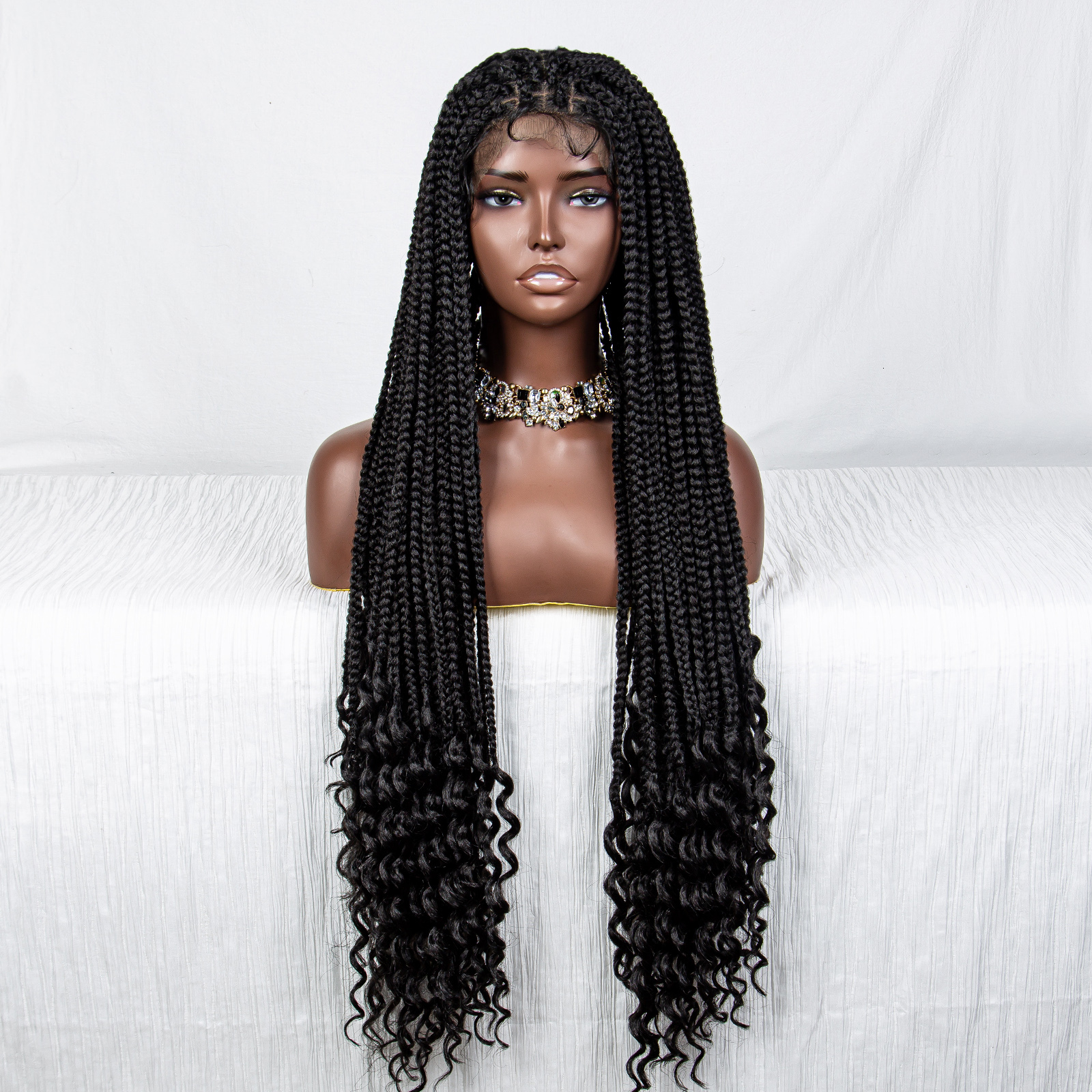 Full Lace Synthetic Braided With 36 Inches Long Box Braiding Straight Cornrow Braids Curly Ends Wig