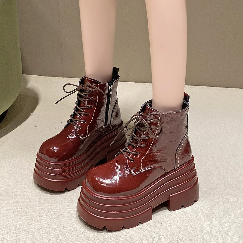 High Platform Ankle Women Lace-Up Combat Motorcycle Classic Punk Leather Shoes Woman Thick Soles Warm Fur Snow Boots