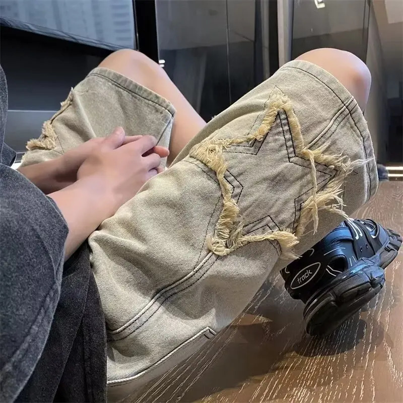 Star Patchwork Yellow Clay Color Jeans Summer Men Denim Shorts Trendy Streetwear Five-point Pants Straight Jeans Shorts 241205