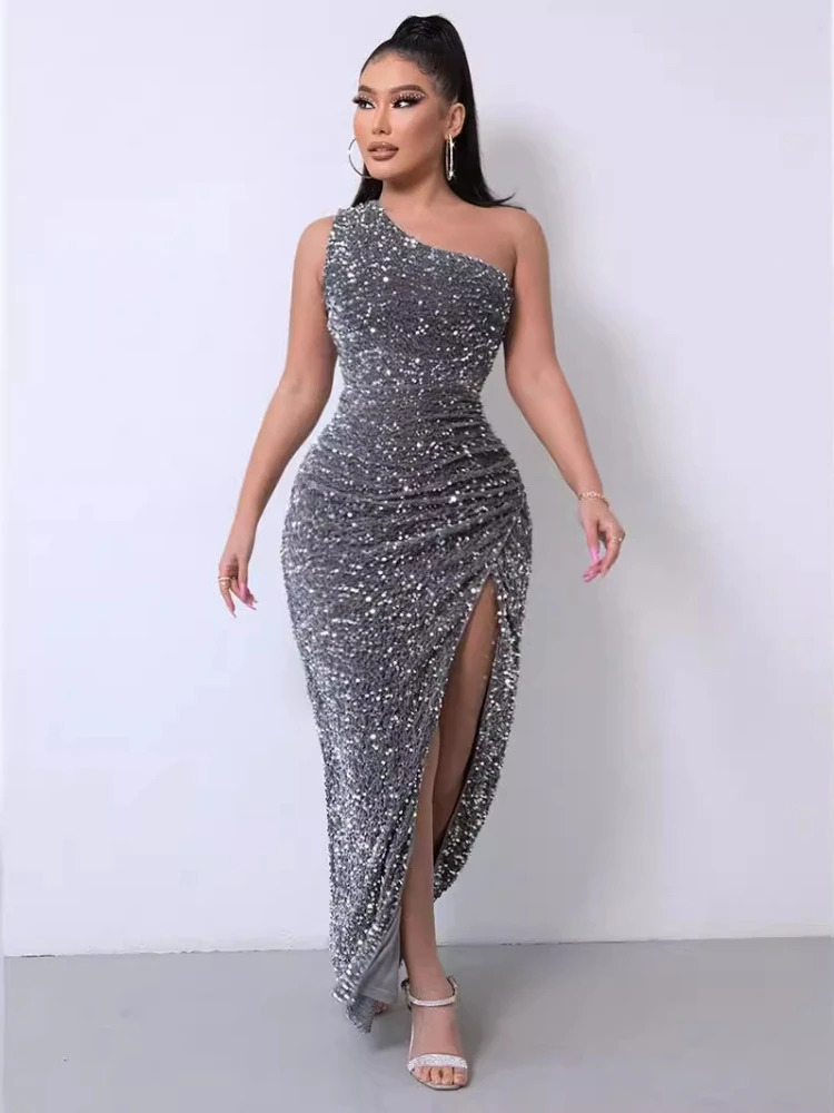 Vaintage One Shoulder Dress Bodycon High Split Sequin Frock Formal Party Outfits Sleeveless Gown Dresses Elegant Female Clothing 241205