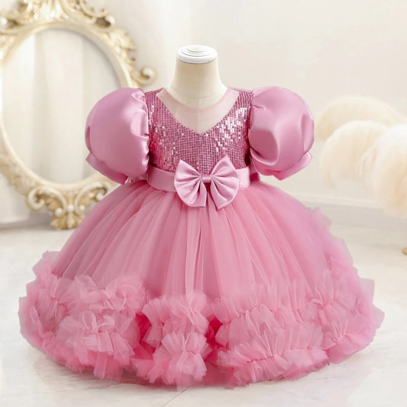 12M Baby Girls Birthday Party Dress Puff Sleeves Sequins Summer Dress Baptism Flower Girl Dress for Weddings Princess Eids Gown 241204