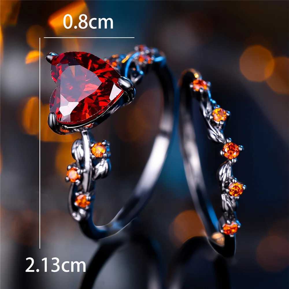 Womens black red zircon heart-shaped engagement ring set retro black gold bridal wedding band party jewelry W241205