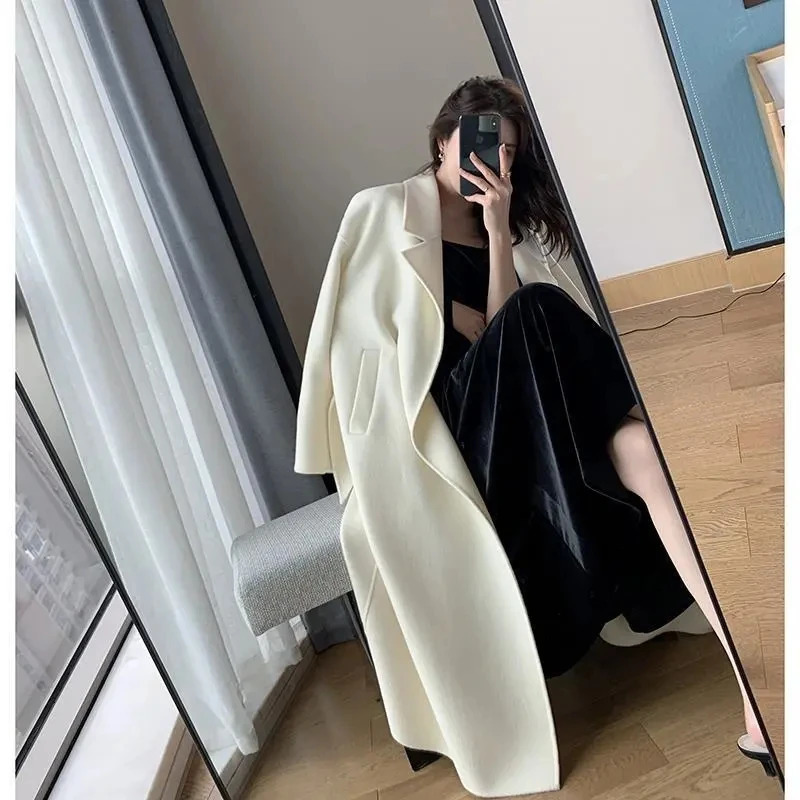 Elegant Midi Wool Blends Coat Women Korean Thicken Long Bandage Jackets Oversized Lace Up Outwear White Cardigan Woolen Overcoat 241204
