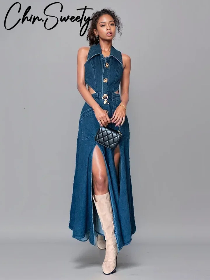 Sexy Denim Hollow Out Dress Women Sleeveless Turndown Collar Side Split Long Dresses Female 2024 Summer Lady Robe 241204