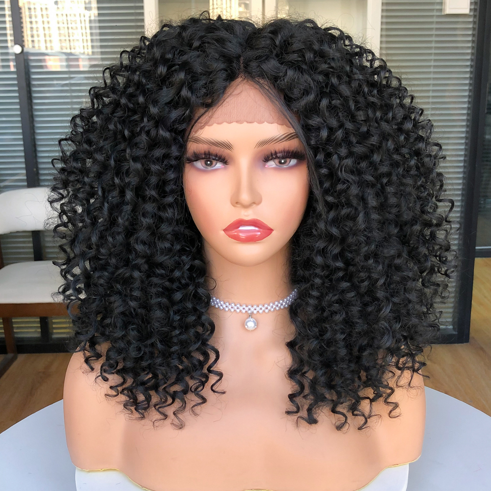 Short Bob Wig Lace Front For Women Afro Kinky Curly Wigs Ombre Brown Synthetic Middle Nature Hair Black Headgear With Clips