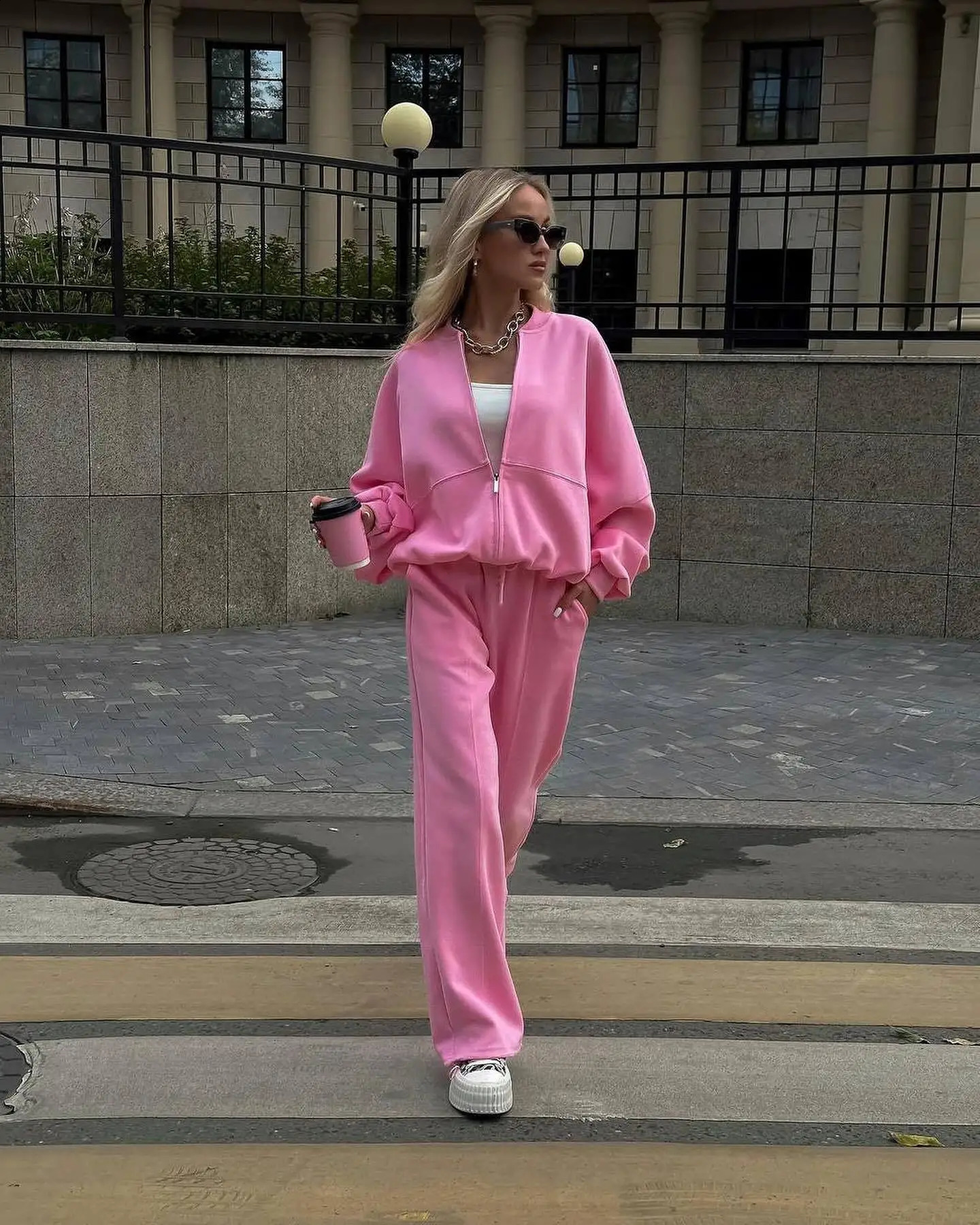 Camping outfit Loose Pink Trousers Sets For Women 2 Pieces Casual Long Sleeve Shirt With High Waist Wide Pants Set Streetwear 241205