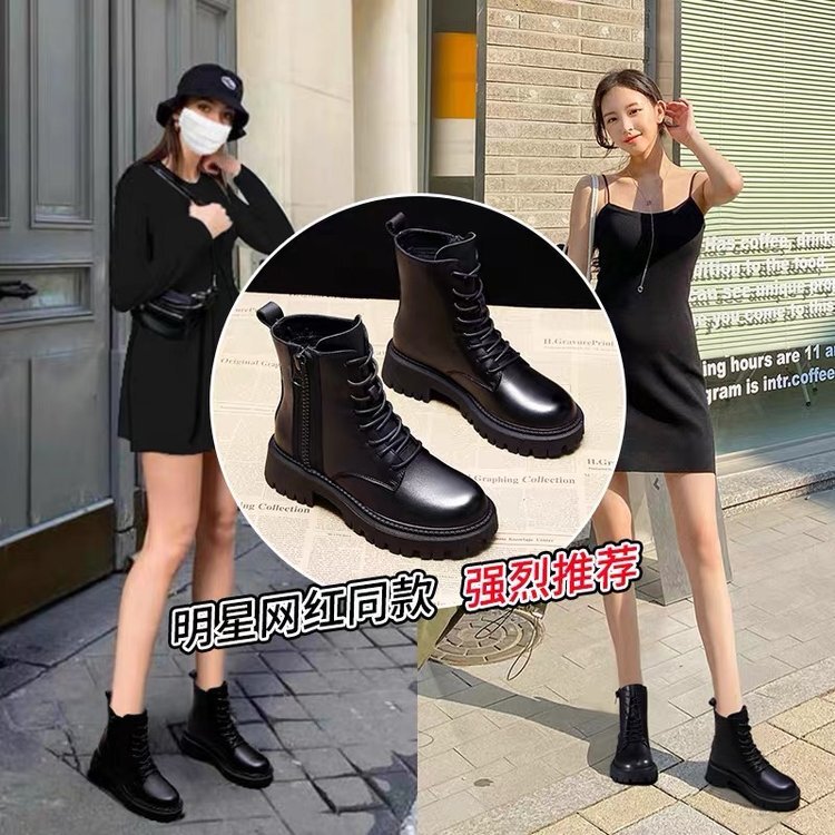 British mid length boots Martin boots 2022 model black handsome short boots PU front lace up round toe low heel thick sole single boot