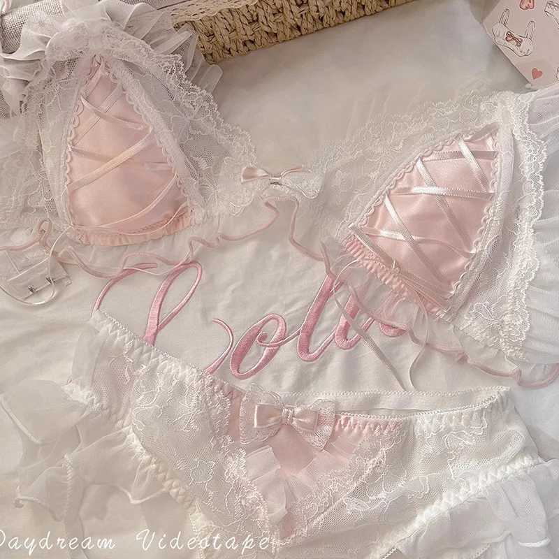 Japanese Transparent Bra and Panty Set Lolita Lace Triangle Cup Underwear Women Lingerie Set Rabbit Ear Chest Pad Thin BraletteXJ241205
