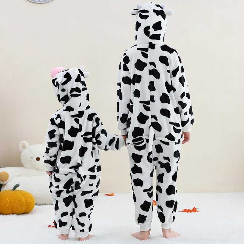 Pajamas Kids Onesies Animal Flannel Pajamas for Children Girl Kigurumi One-piece Milk Cow Pyjama Halloween Cosplay Costume Winter Outfit H241205