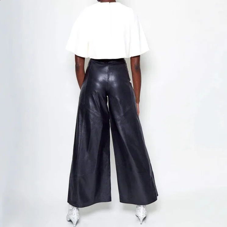 Casual Loose Leather Pant High Waist Wide Legs Solid Pocket Flare Female 2025 Autumn Fashion Belt Streetwears Lady 241205