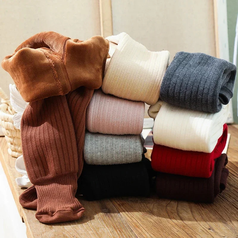 Kids Super Thicken Warm Winter Tights for Girls Vertical Stripe Cotton Toddler Baby Velvet Tights Children Solid Plush Leggings 241204