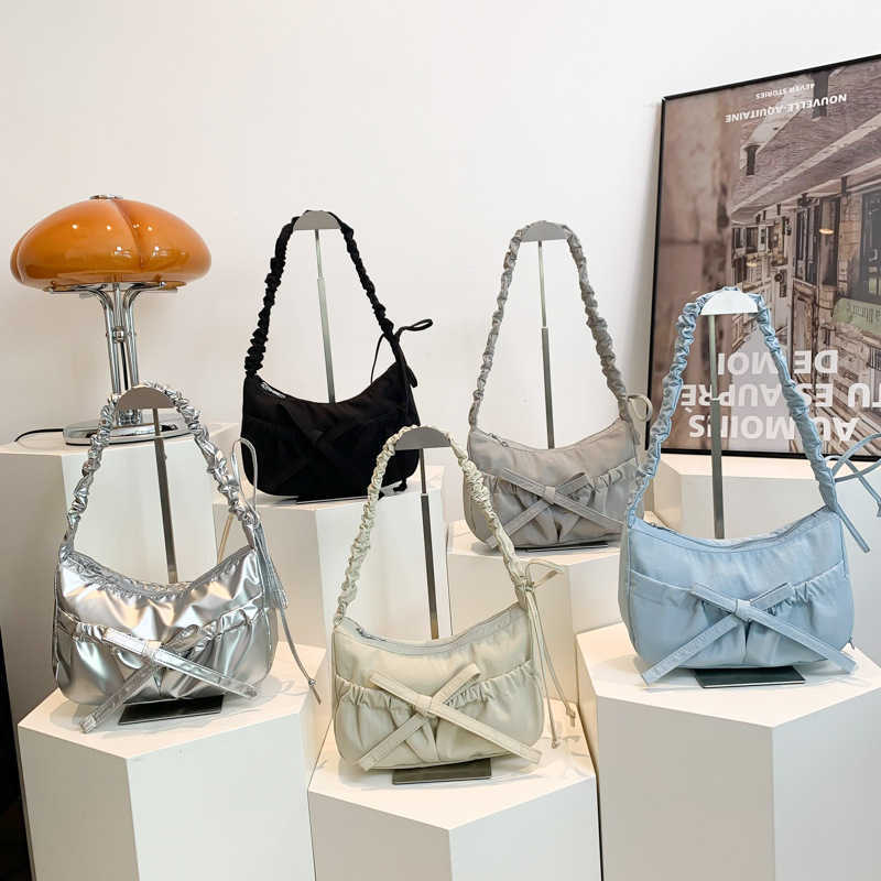 Korean Version New Bow Crossbody Bag Pleated Drawstring Single Shoulder Dumpling Bags Large Capacity Sweet Hobo Tote 241205