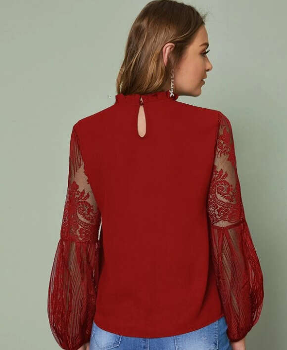 2020 European and American pleated collar see through sheer lace lantern sleeves women's top 2024 temperament versatile new trend clothing ins