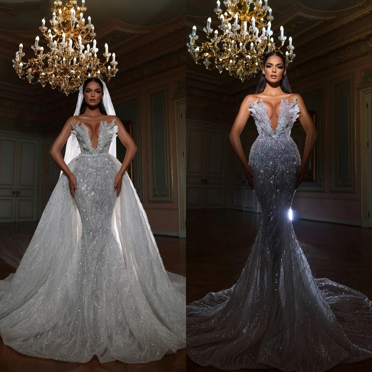 3D Beaded Mermaid Wedding Dress With Detachable Train Shiny Sexy Deep V-neck Sleeveless Bridal Gown Customized vestidos de novia