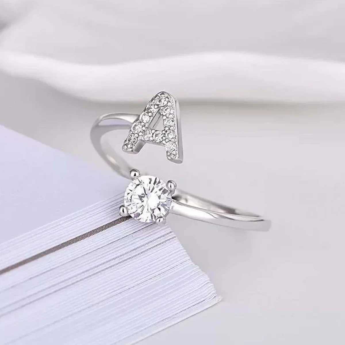 Adjustable initial ring stainless steel simple zircon letter ring womens wedding ring couple jewelry accessories gift W241205