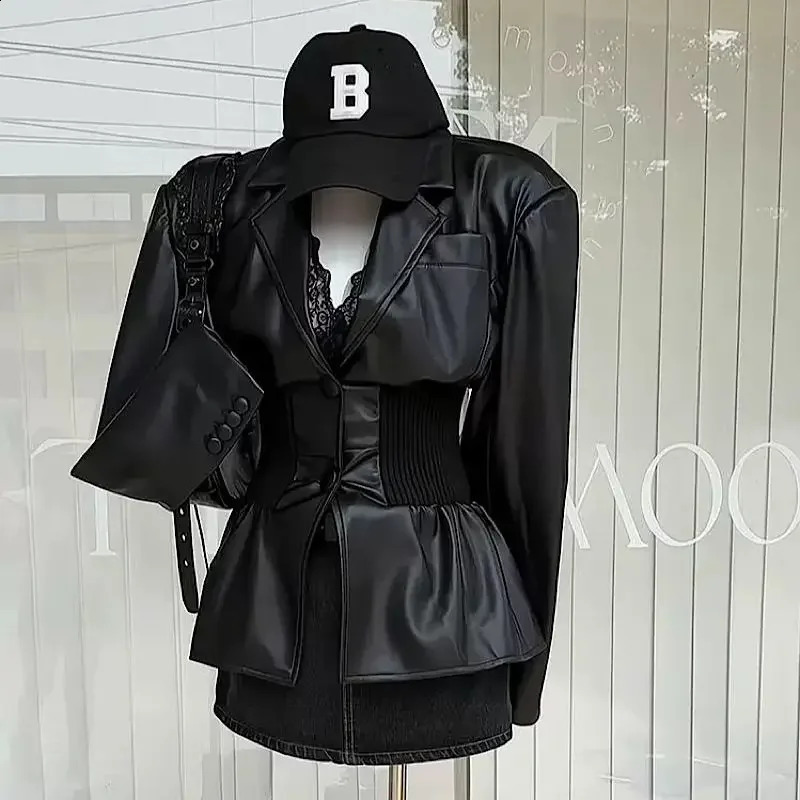 Korean fashion black PU leather jacket womens top autumn/winter set collar waist slimming high-end set jacket womens clothing 241205