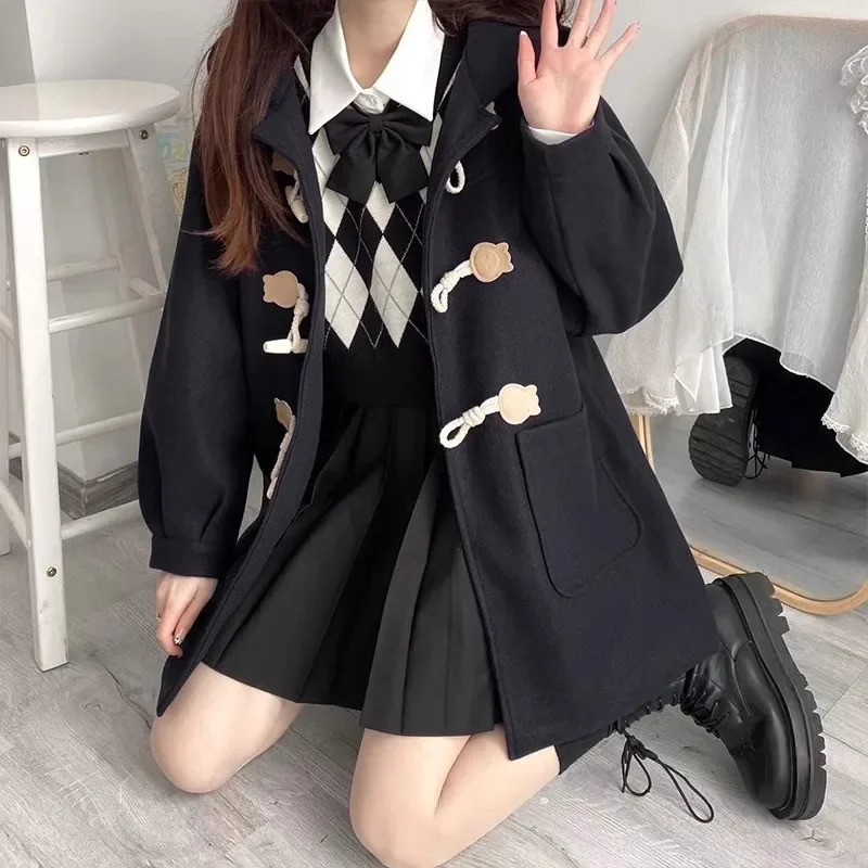 Autumn Winter Hooded Womens Woolen Coat Medium Length Plaid Style With Button Japanese Style College Style For Short People 241204