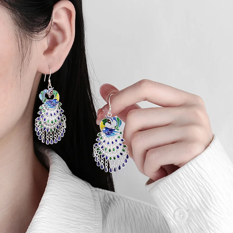 VOJEFEN sterling silver 925 colored glass peacock tassel hook earrings with luxurious and elegant womens long earrings 241205
