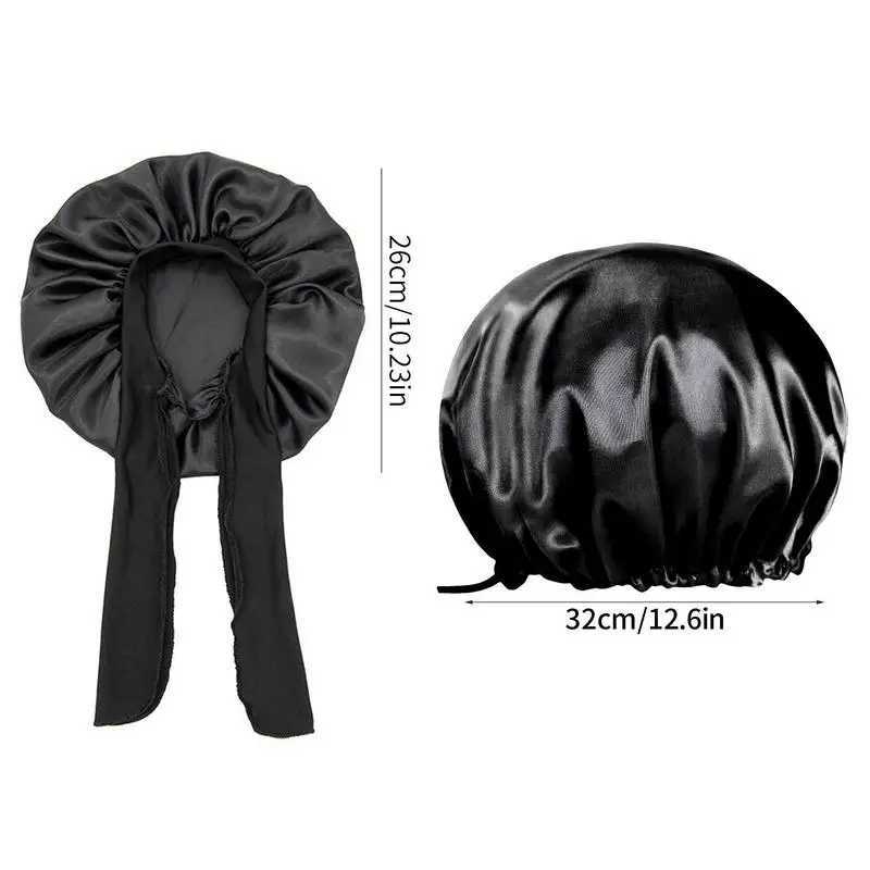 Black Silk Hair Wr Hair Sleep Cover Night Sleep Bonnets With Tie Bands For Women Curly Hair Long Hair Long Curly HairXJ241205