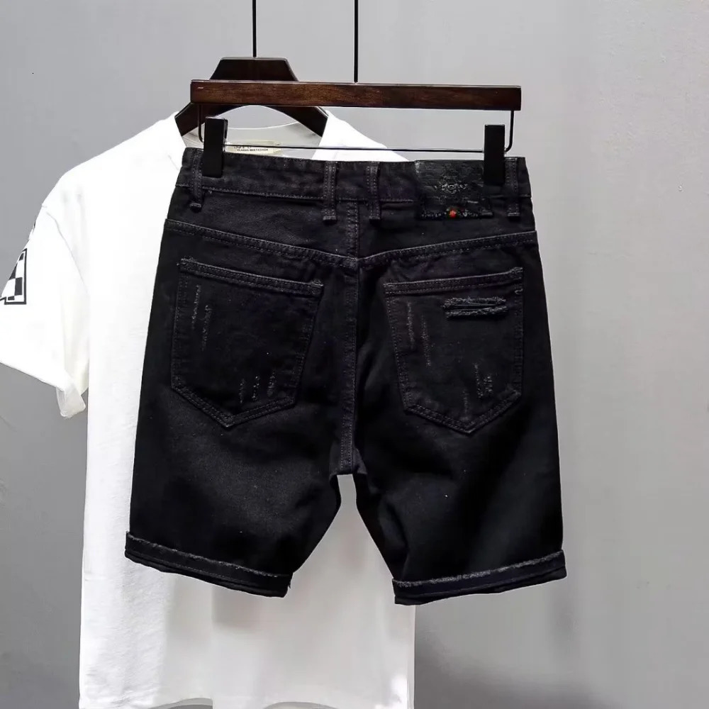 Summer Kpop Mens Y2K Streetwear Ripped Jeans Trendy Dotting Ink Distressed Casual Boyfriend Black Denim Shorts 241205