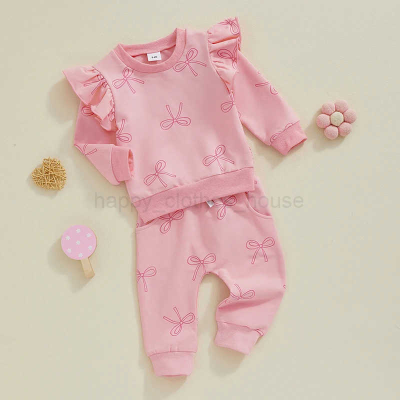 Toddler Girls Clothes 2PCS Autumn Outfits Long Sleeve O Neck Bow Print Tops Drstring Pants Newborn Clothes SetXJ241205