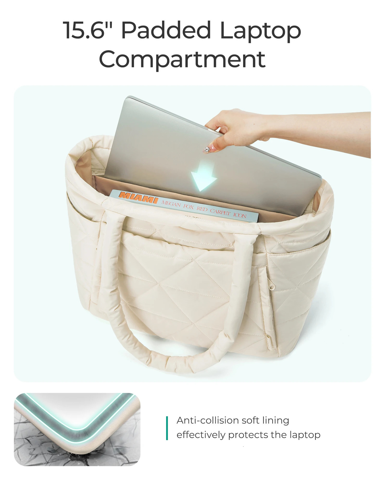 BAGSMART Puffy Tote Bag Large Quilted Shoulder with Compartments for Travel Work Gym Cotton Padded Plaid Underarm Handbag 241204