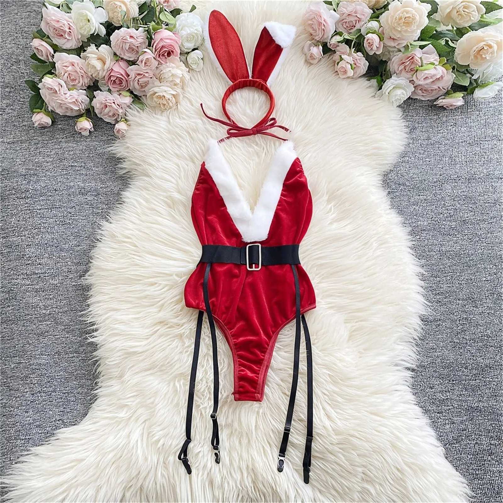 WomenS Christmas Sexy Lingerie Pajamas Red White P Bodysuit With Rabbit Ear Headband Santa Claus Cosplay Erotic LingerieXJ241205