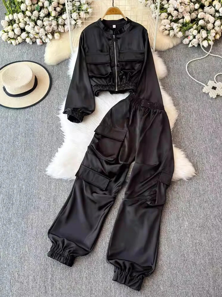 TWOTYLE Streetwear Two Piece Set For Women Round Neck Long Sleeve Coat High Waist Cargo Pant Loose Sets Female KSE513185 241205