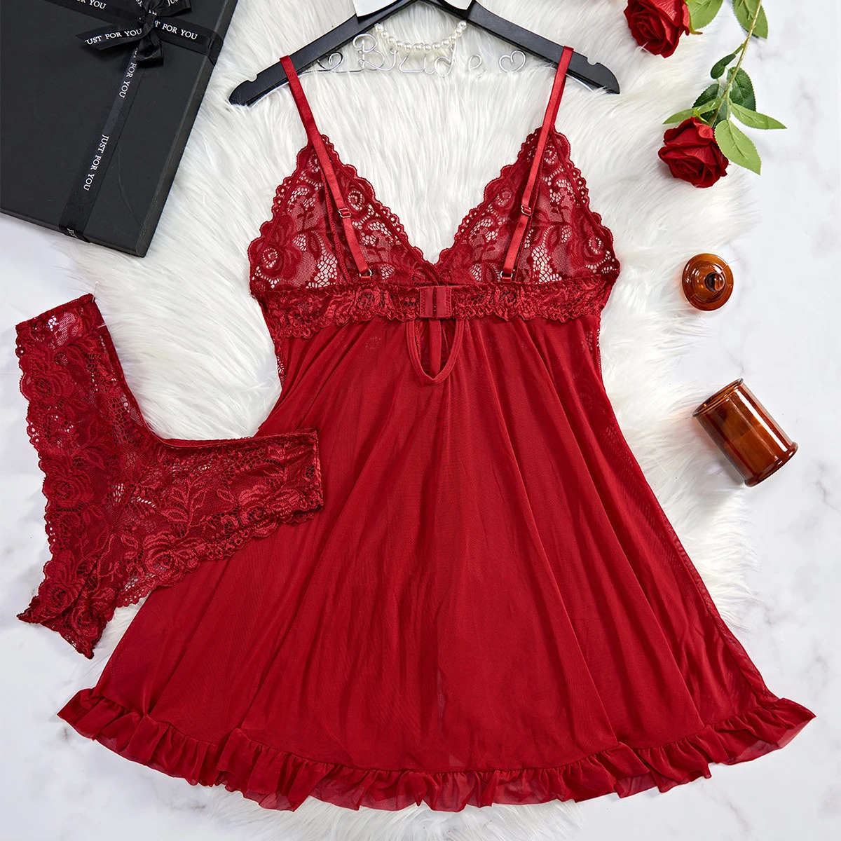 Transparent Red Sexy Lingerie Womens Underwear See Through Sleepwear Lace Nightdress And Panty Pijamas Sets Female Nighty 241204
