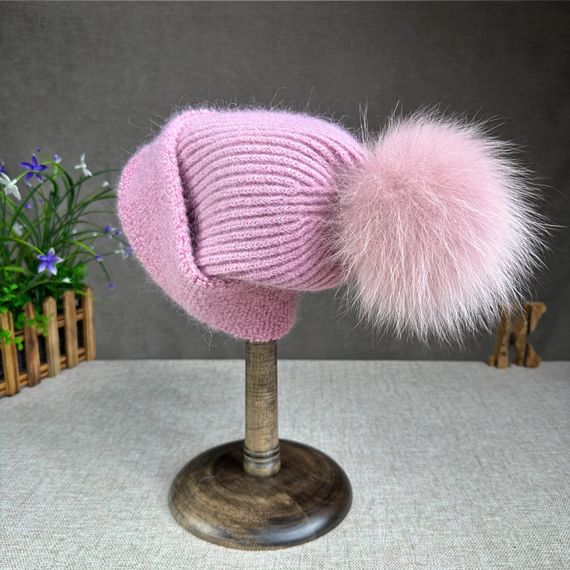 Korean version fox fur ball knitted hat suitable for womens autumn and winter earmuffs Angora rabbit fur flip cover plush hat 241205