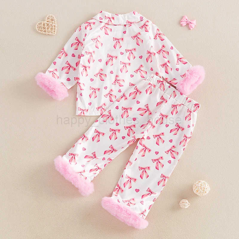 Baby Girl Silk Pajamas Set Floral Girl Button Down Feather Trim Sleeve Shirts and Pants Valentines Day Satin Pj SetsXJ241205