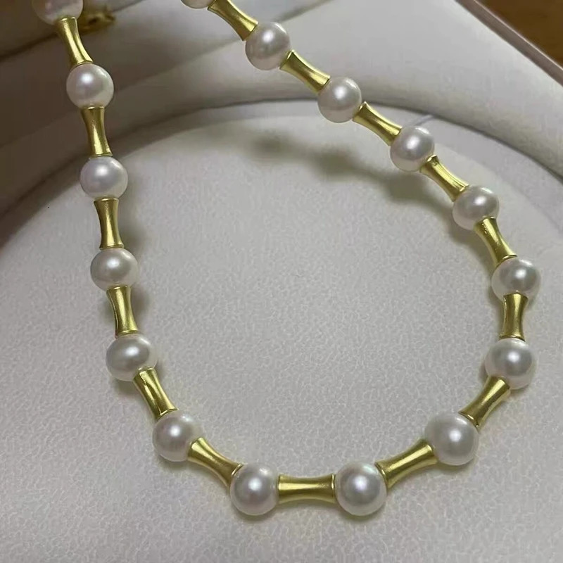 100% Natural Fresh Water Bright White AKOYA Pearl Necklace Bamboo Knot Kravik Chain Star Style Mens and Womens Jewelry 241205