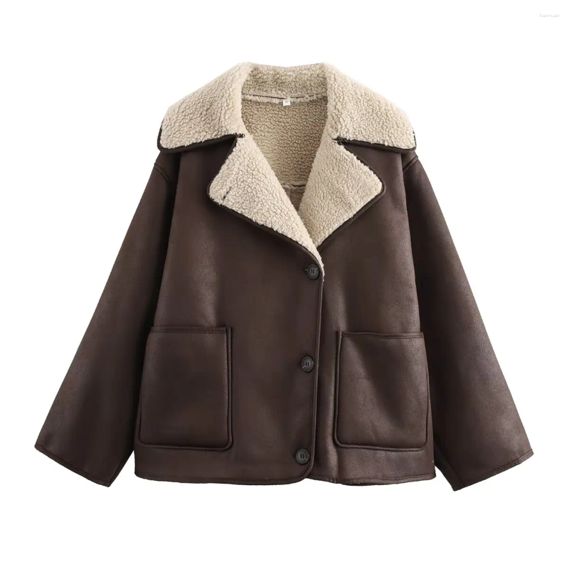 Women's Jackets ZR Women Comfy Coats With Faux Shearling Interior & Button Fastening Lapel Collar Long Sleeves Double-faced Jacket