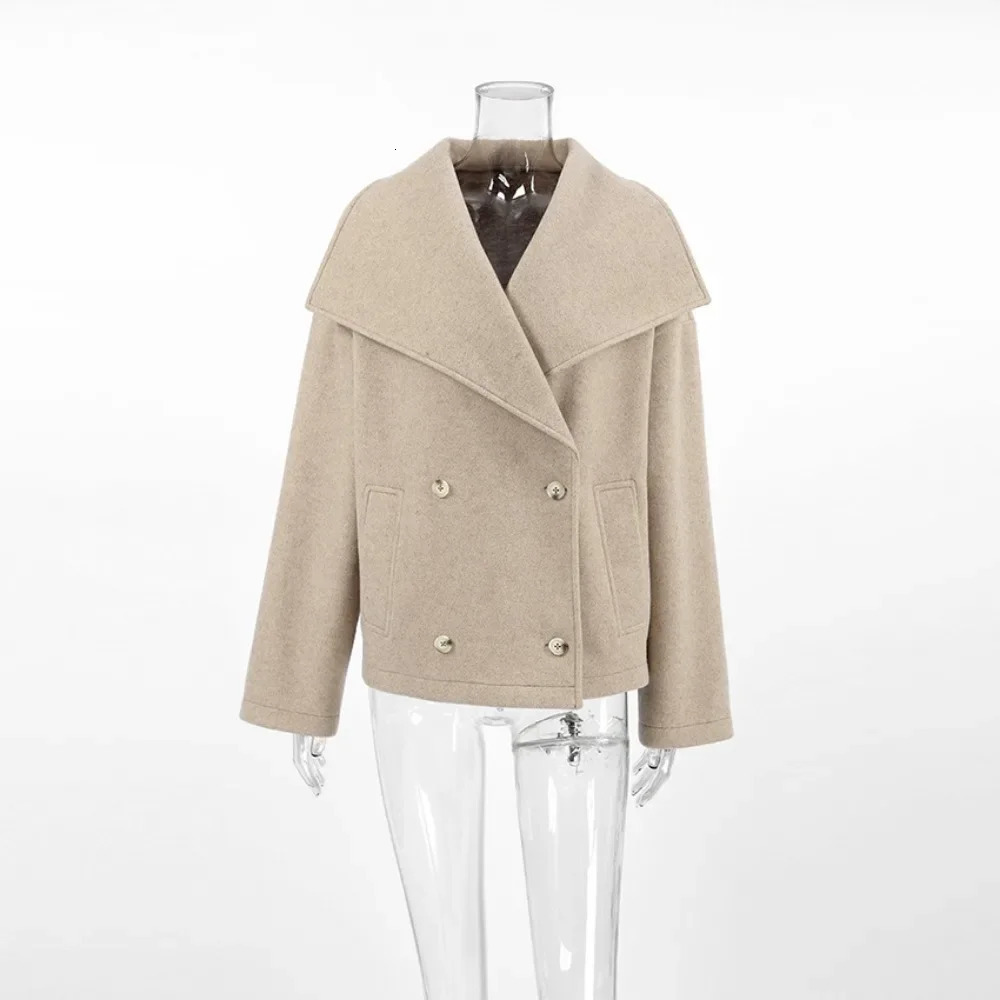 Autumn and Winter Womens Woolen Coat Fashion Retro Collar Loose Casual Temperament Cotton Blend Warm Windproof Woolen Coat 241204