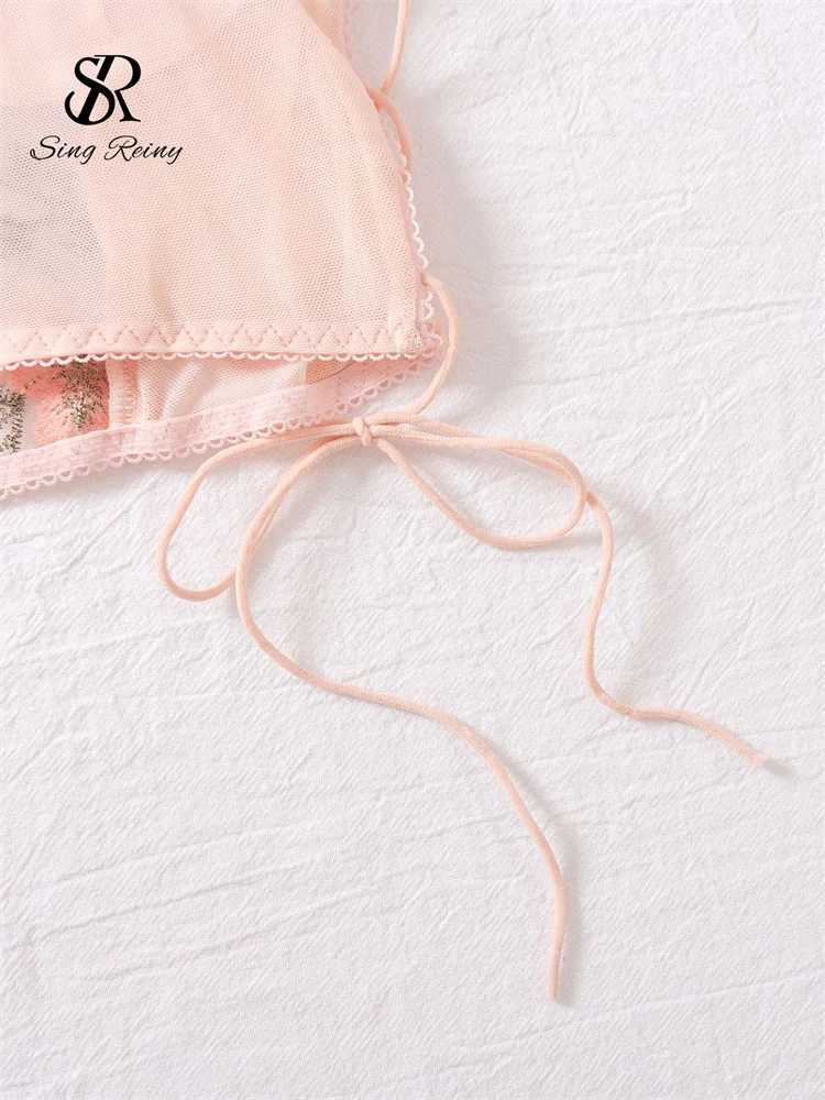 SINGREINY Mesh Sheer Sexy Underwear Suits Lace-Up Puff Sleeves Short Top+Mini Briefs Floral Embroidery Sensual Two Piece SetXJ241205