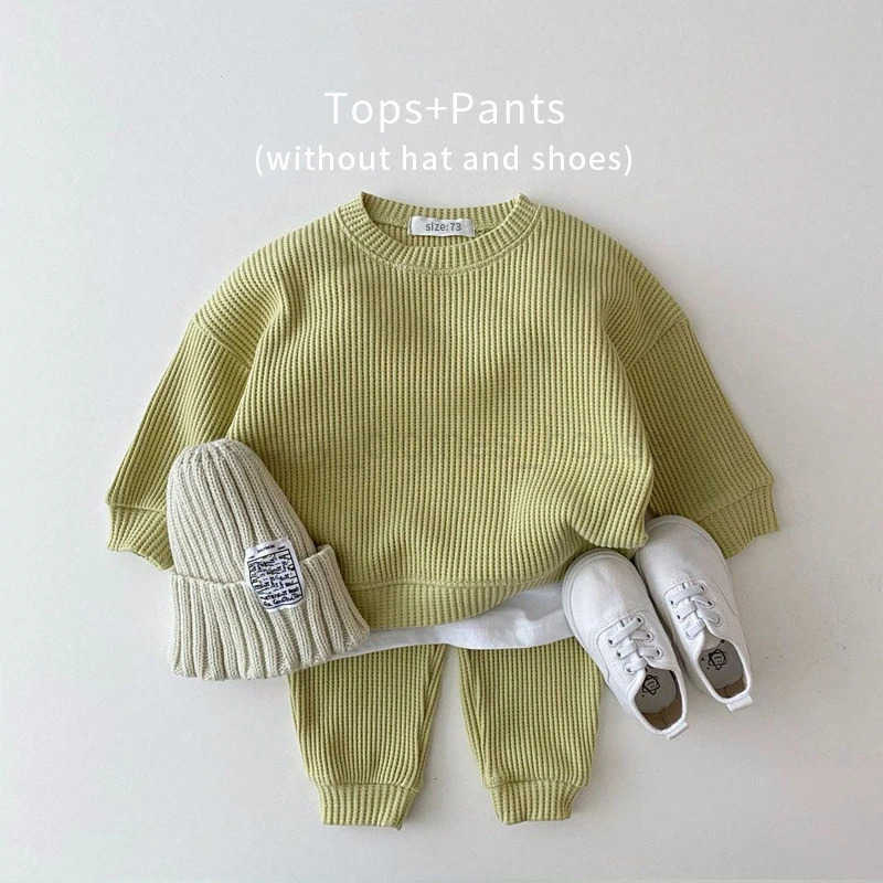 Korean Baby Clothing Sets Waffle Cotton Kids Boys Girls Clothes Spring Autumn Loose Tracksuit Pullovers Tops+Pants 2PCS SetsXJ241205