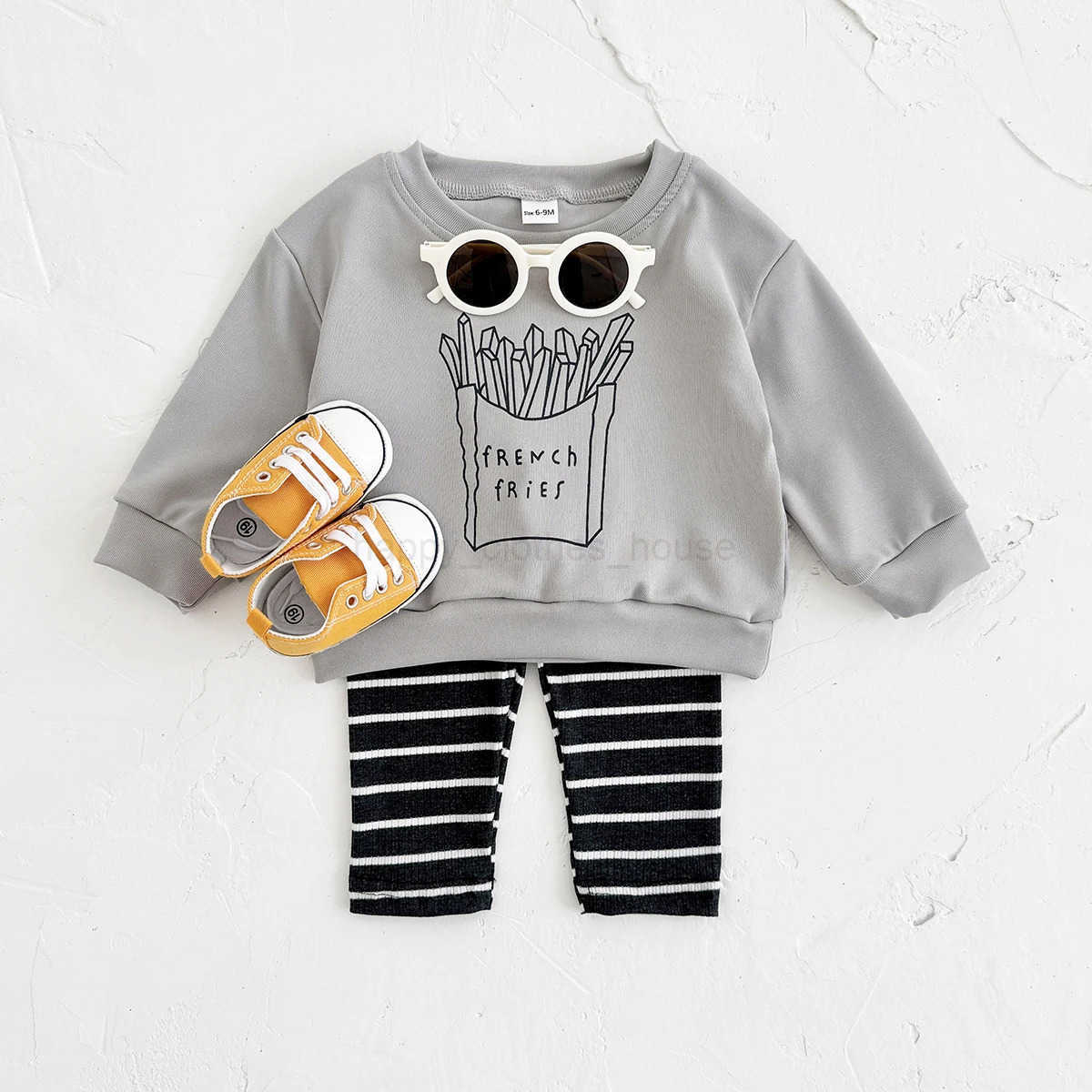 INS Newborn Baby Boy Sets Spring Autumn French Fries Print Top+Bottom Infant Toddler Suit Long Sleeves Girl 2PCS Casual WearXJ241205