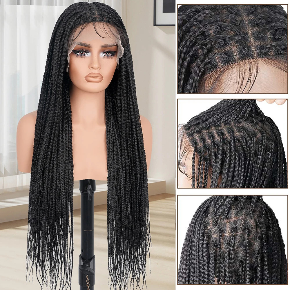 34Inch Front Braided Wigs For Black Women Knotless Braid Full Double Lace Micro Box Braids Wig Pre Plucked