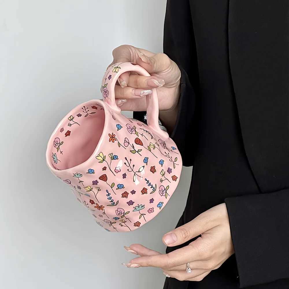 600ml/21oz Ceramic Coffee Mug with Floral Design Heat-resisting Water Cup Reusable Hot and Cold Beverages Ideal for Couples CupXJ241205