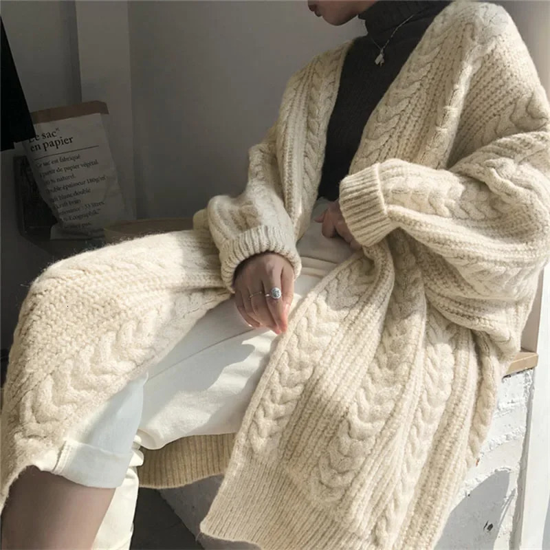 Autumn Winter ly Chic Womens Knitted Cardigan Vintage Thick Long Sweaters Female Loose Twist Coat Plain Streetwear 241204