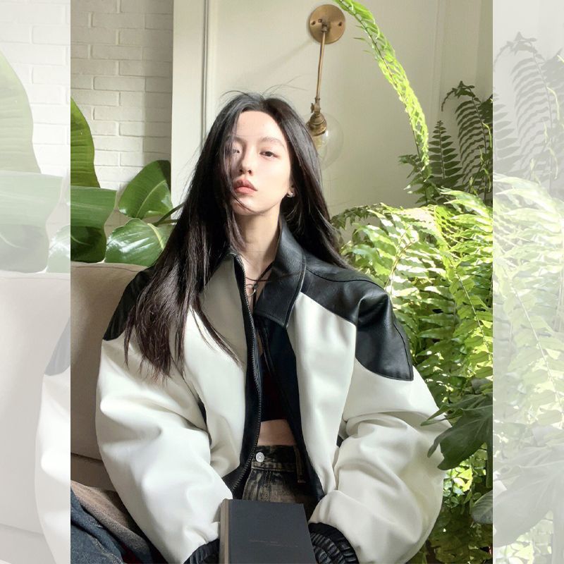 Women's Vintage Black White Contrast Splice Leather Jacket Female Spring Autumn Fashion Loose Design Long Sleeve Coat
