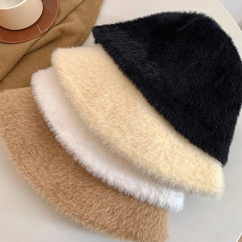 Elegant artificial rabbit fur bucket hat from South Korea for women warm and thick fishermans hat for autumn and winter Panama plush basin hat for wom