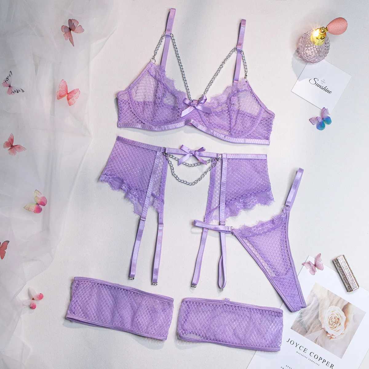 Plus Size Lingerie Sexy Mesh Hot Erotic Lingerie Sexy Lace Bra Set For Women Chains Costumes Set Underwear Bra Panty Garters SetXJ241205