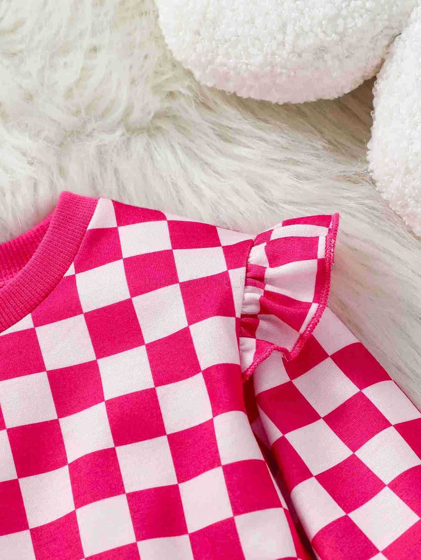 2Pcs Baby Girls Pink Long Sleeve Plaid Sweatshirt +Pants For Fall/Winter Casual Clothing SetXJ241205