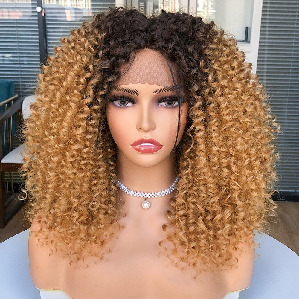 Short Bob Wig Lace Front For Women Afro Kinky Curly Wigs Ombre Brown Synthetic Middle Nature Hair Black Headgear With Clips
