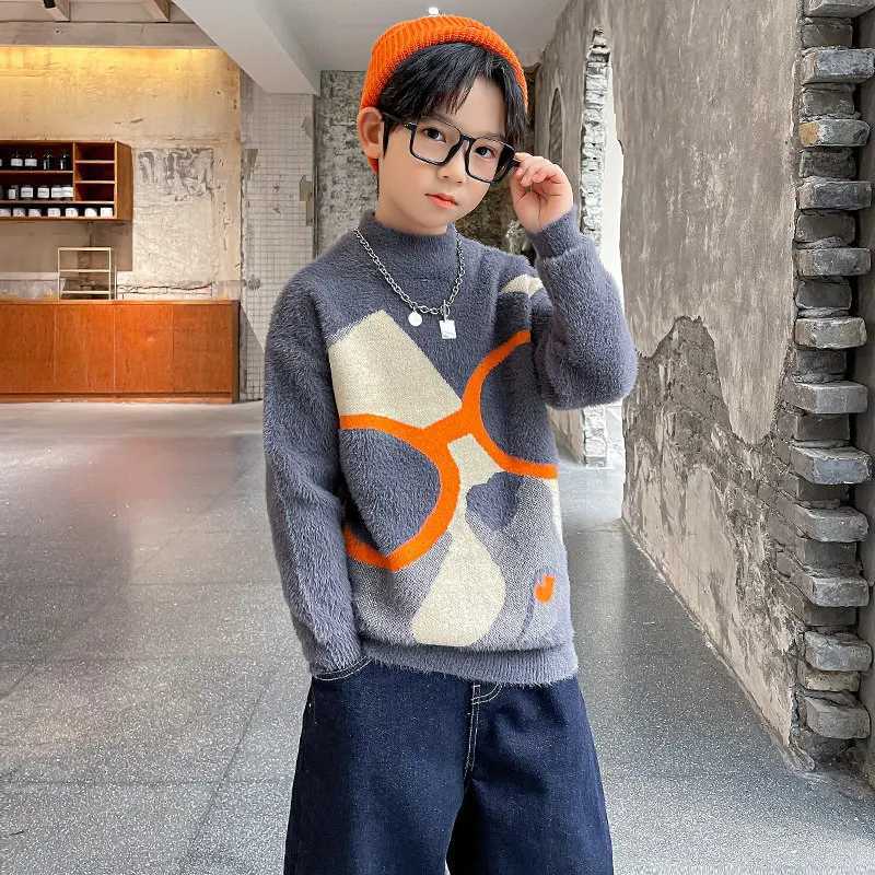 Childrens sweaters boys winter clothing mink wool dog patterns zippers teenagers O-neck sweaters for ages 5-14 W241205
