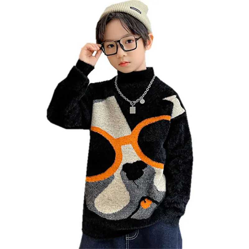 Childrens sweaters boys winter clothing mink wool dog patterns zippers teenagers O-neck sweaters for ages 5-14 W241205